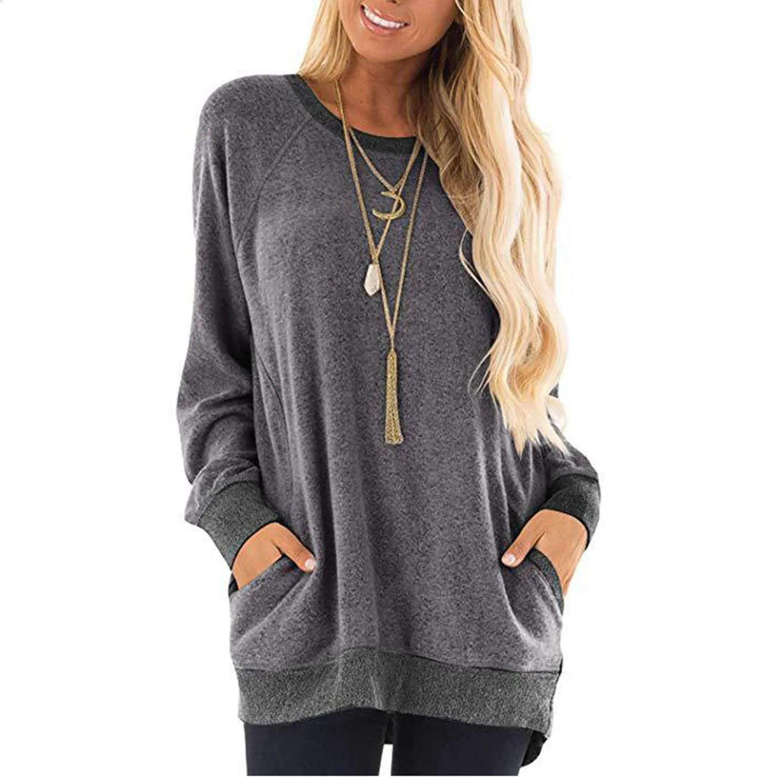 Women Clothings Pocket Casual T-shirt Sweatshirt Round Neck Long Sleeve Women Fashion Autumn Winter 240813