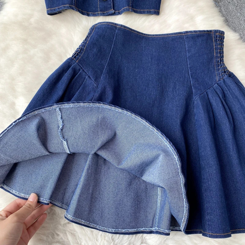 Women Dress Sets Two Piece Sets Skirt Set Denim Off Shoulder Blue Summer Short Tops Party High Waist Jeans Skirts Sexy Crop Top 240812