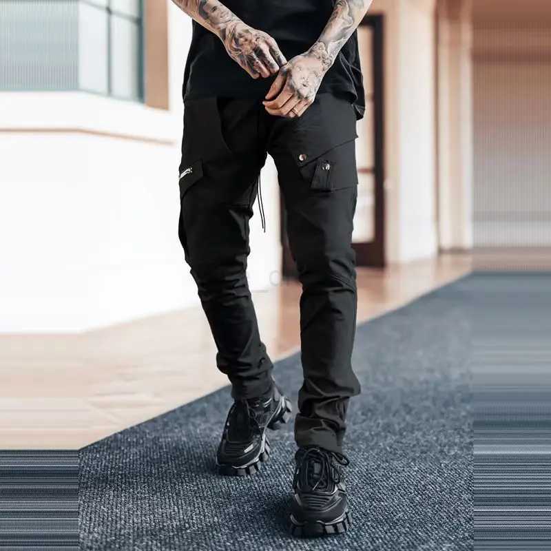 Mens Side Pocket Cargo Pants Zipper Black Grey Khaki Hip Hop Casual Male Joggers Trousers Fashion Streetwear Pantalones HombreXJ240813