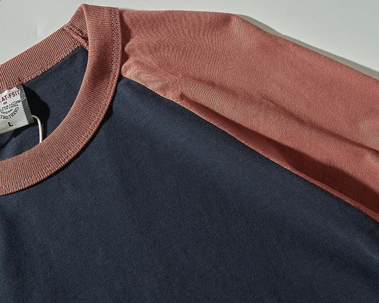 Autumn American Retro Long Sleeve O-neck Contrast Splicing T-shirt Mens Fashion 100% Cotton Washed Old Casual Sport Tops 240812
