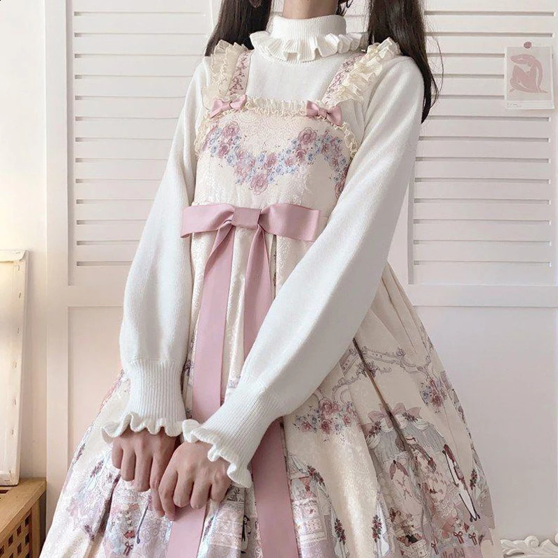 Lolita Sweater Top White Knitted Sweater Women Fashion White Round Neck Base Tops Pullover Kawaii Lovely Preppy Style Streetwear 240812