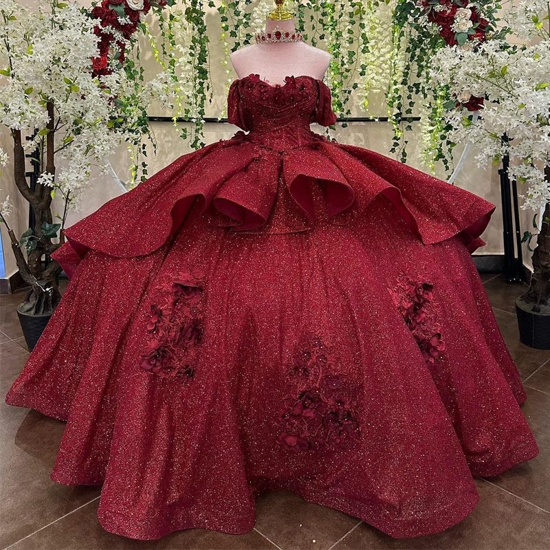 Red Shiny Off Shoulder Quinceanera Dresses Ball Gown Tulle Lace Beaded Appliques wer Party Sweet 16 Dress Vestido De 15 Anos