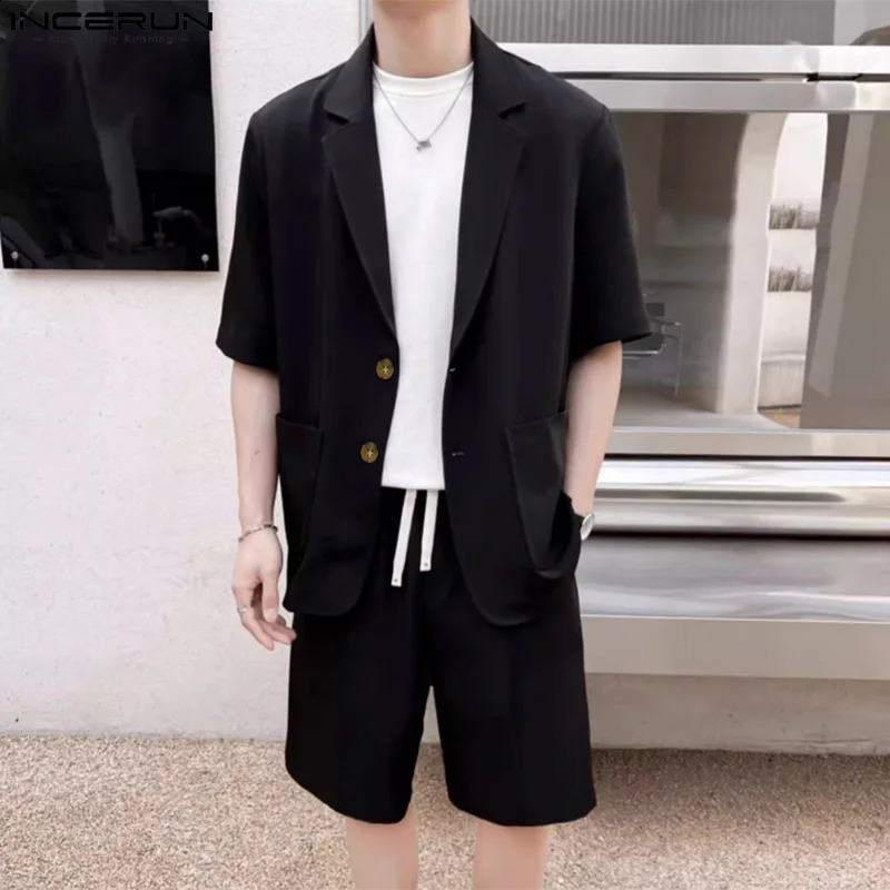 2024 Men Sets Solid Color Lapel Short Sleeve Blazer Shorts Two Pieces Sets Streetwear Mens Casual Suits S-5XL INCERUN Summer 240813