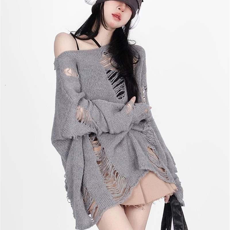 Zoki Hip Hop Hole Sweater Women Streetwear Hollow Out Y2K Jumpers American Retro Long Sleeve Lazy Wind Loose Harajuku Lady Tops 240812
