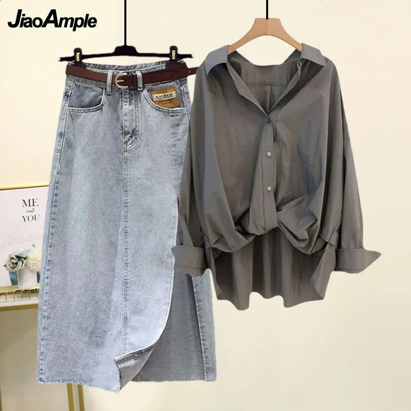 Womens Summer Skirt Suit 2024 Loose Shirt Top Slit Denim Skirts Two Piece Korean Elegant Fashion Blouse Midi Dress Set 240812