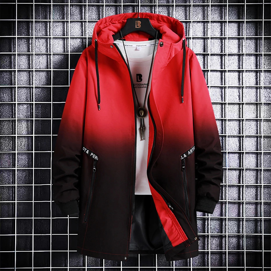 Long Cargo Jacket Men Plus Size 10XL Jackets Gradient Windbreak Spring Autumn Hooded Coat Male Black Windbreak Long Style 240812