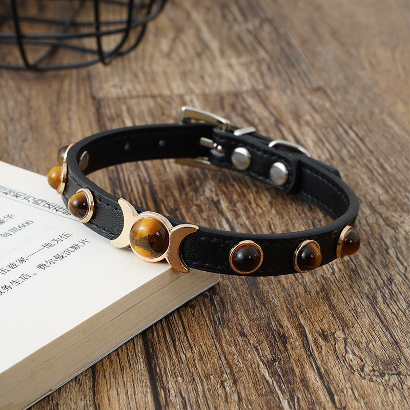halloween pet Strictly select tiger eye stone collar, alloy buckle, PU dog chain, large, medium and small dog neck, universal dog neck ring