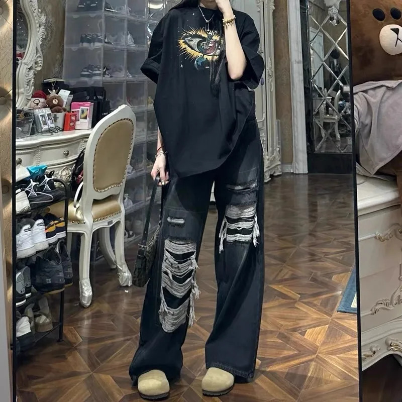 American Style High Street Retro Jeans Spring Loose Thin Straight Legs Trouser Versatile Casual Tear 240807