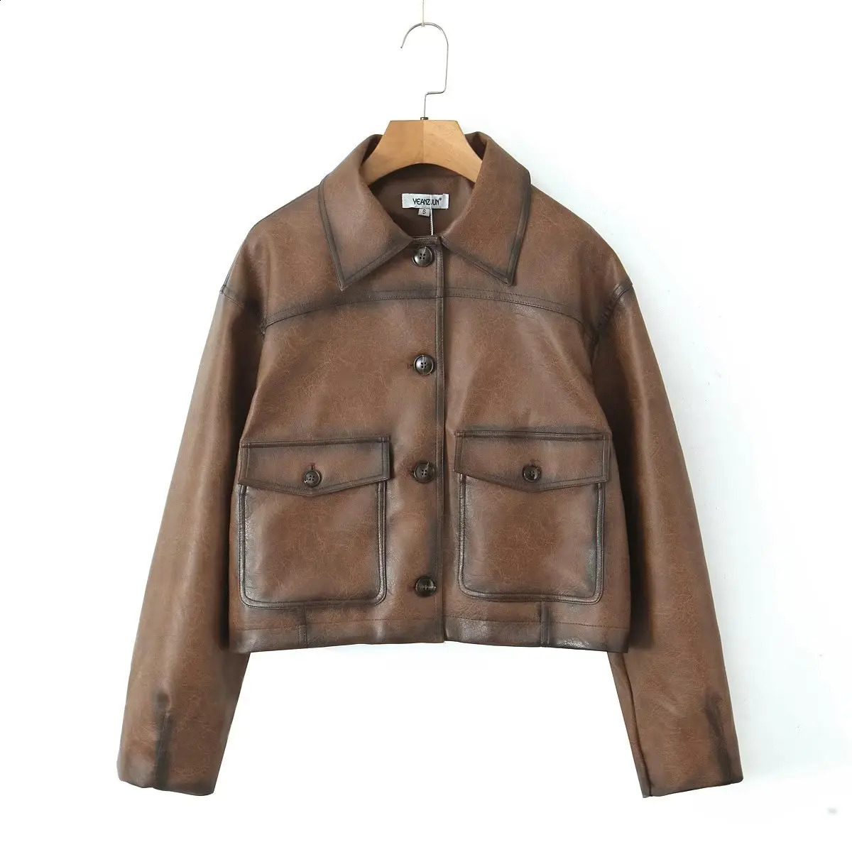 American Retro Women Vintage Gradient Brown PU Leather Jacket Full Sleeve Single-breasted Button Coat Loose Short Outerwear 240813