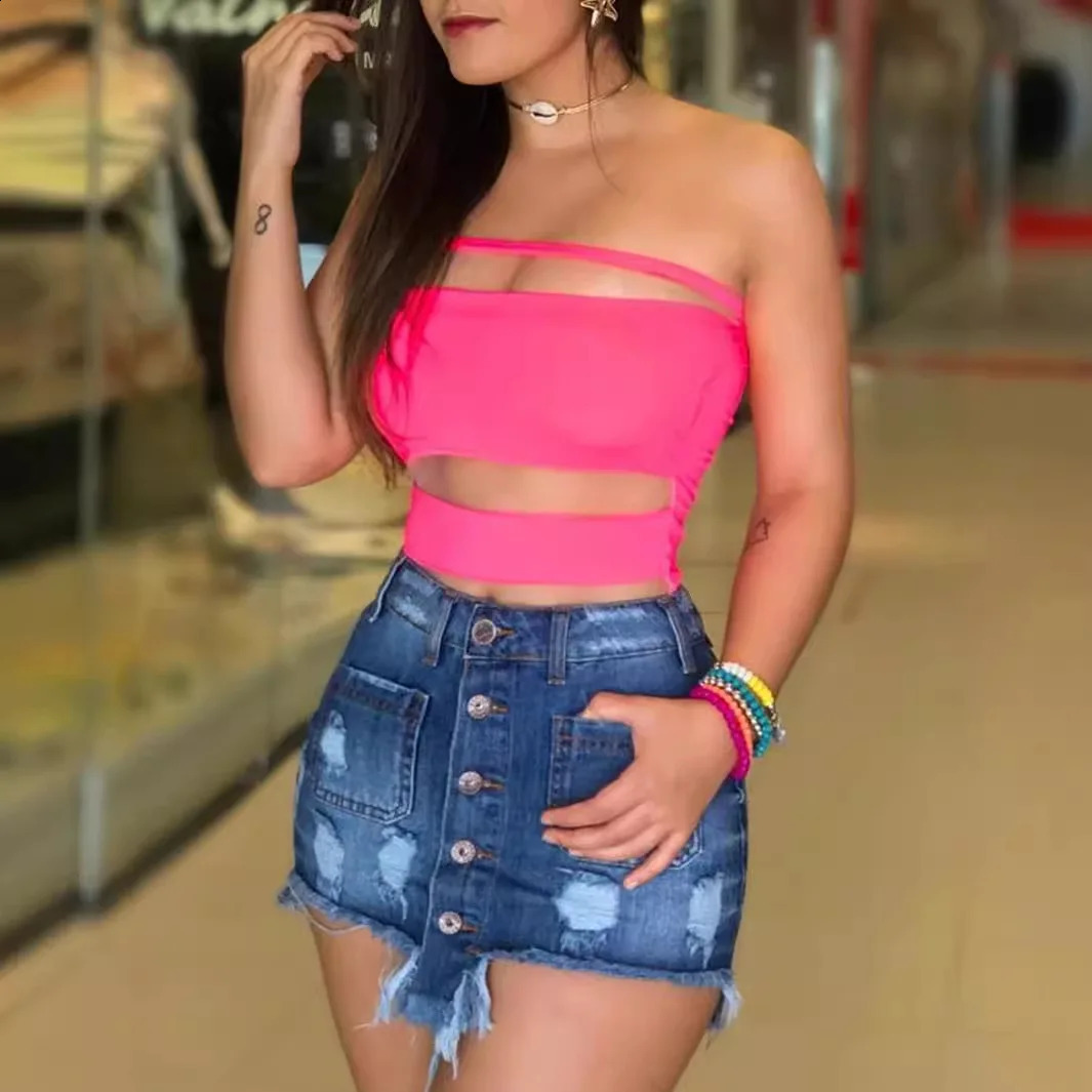 2024 Women Denim Skirts High Waist Club Hollow Out Short Skirt Pants Y2k Streetwear Casual Pencil Skirts 240812