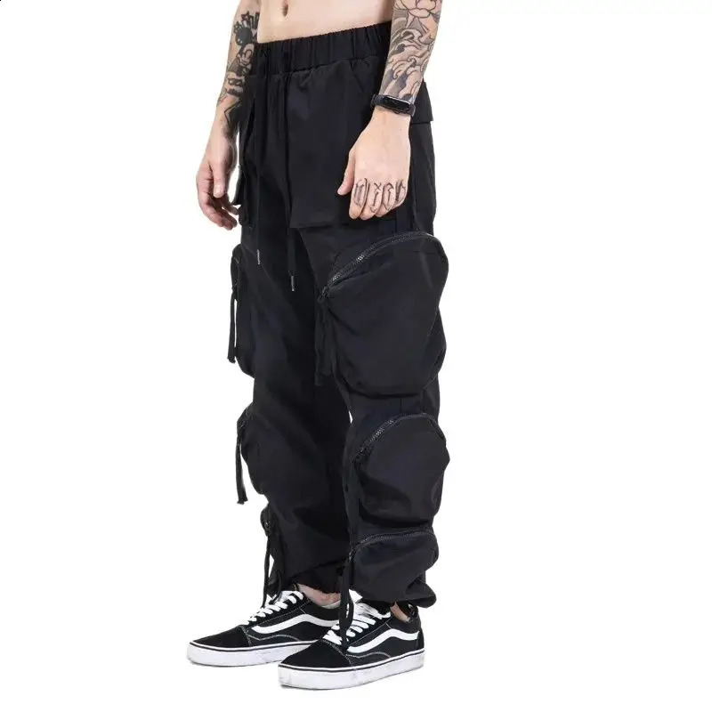 Zipper Multi Pocket Hip Hop Techwear Product Pants Mens High Street Functional Casual Luggage 240812