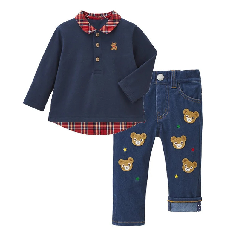 Autumn Boys and Girls Checkered Polo Shirts Cartoon Little Bear Embroidery Blouses Long Sleeve T-shirt Korean Kids 240810