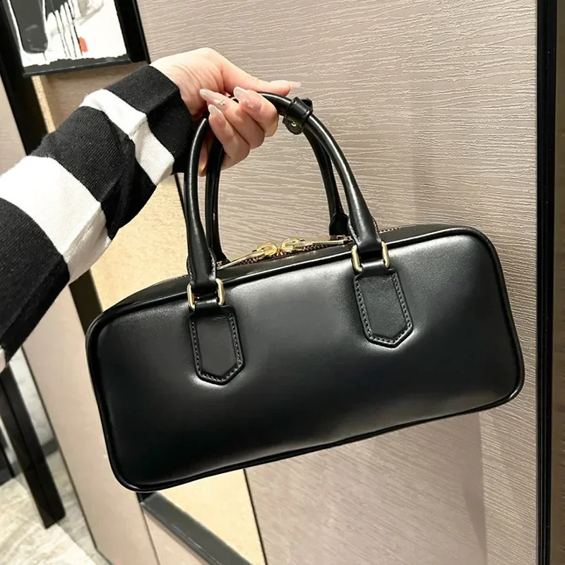High quality Boston bowling bag large capacity retro pillow genuine leather cross body handbag 240813