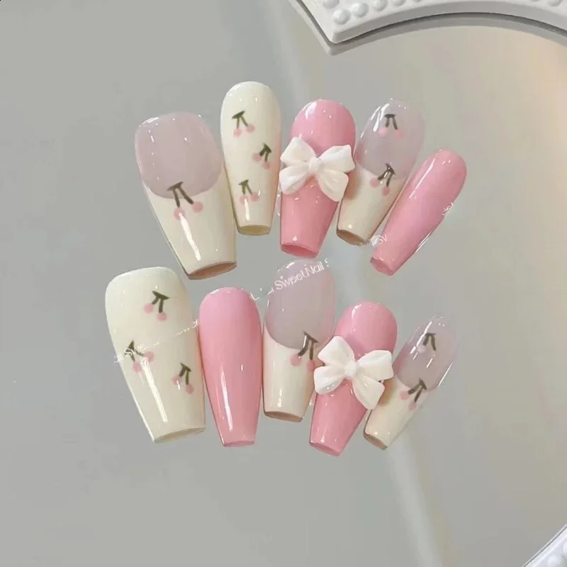 Pink Bow Handmade Wearable False Nails for Set Of Students Can Used Short T Easy Disassembly And Reuse Press On Nails Patch 240810