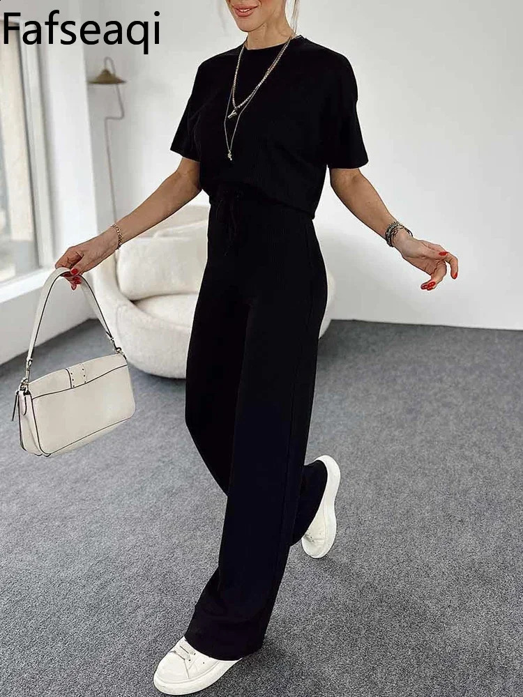 2024 Spring Womens Sports Suit Blue Short Sleeve T-shirt Tracksuit Two-piece Set Sagging Wide Leg Trouser Home Suit for Womens 240813