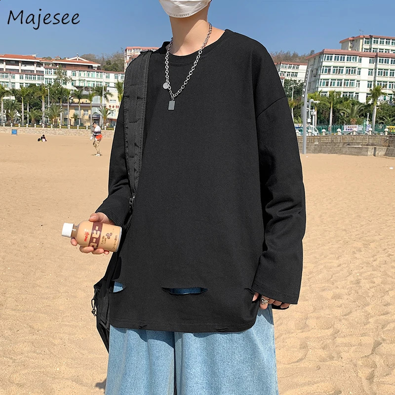 Men Long Sleeve T-shirts Ripped Clothing Summer Fashion High Street Harajuku All-match Handsome Korean Teens Cool Baggy 240812