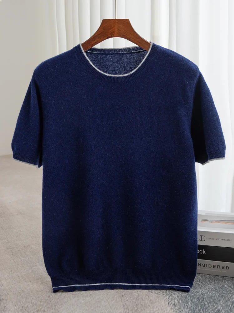 100% Merino wool short sleeved mens round neck floral vest spring and summer solid color knitted half sweater top 240812