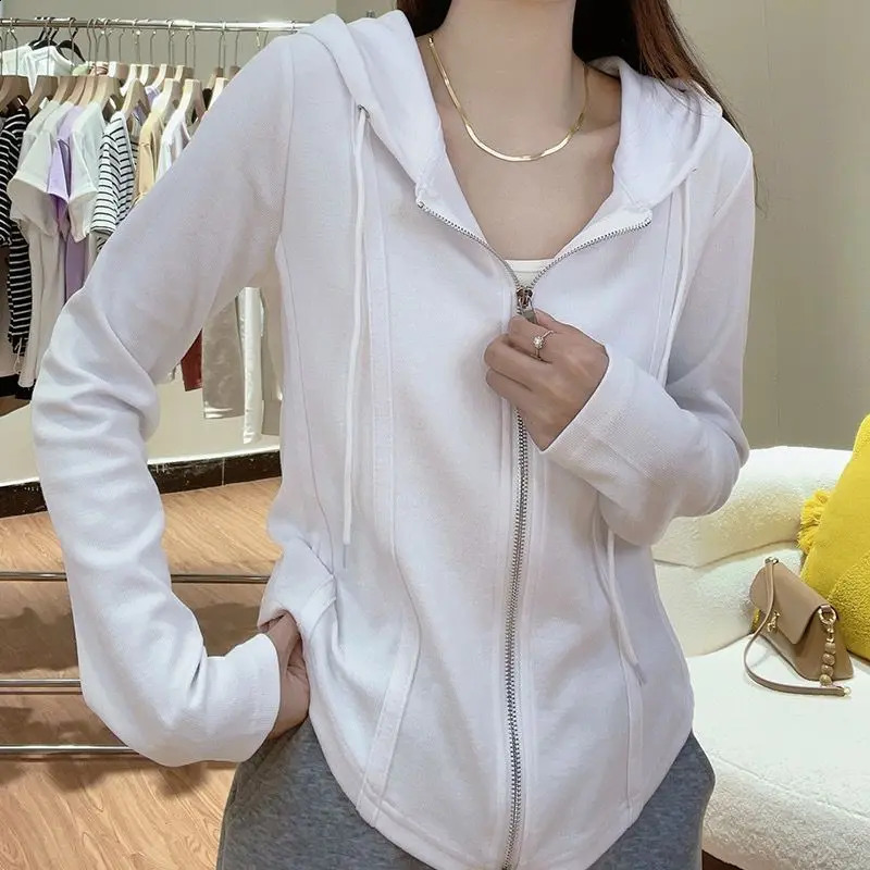 Spring Autumn Solid Color Fashion Long Sleeve Hoodies Women High Street Casual Slim Zipper Drawstring All-match Cardigan 240812