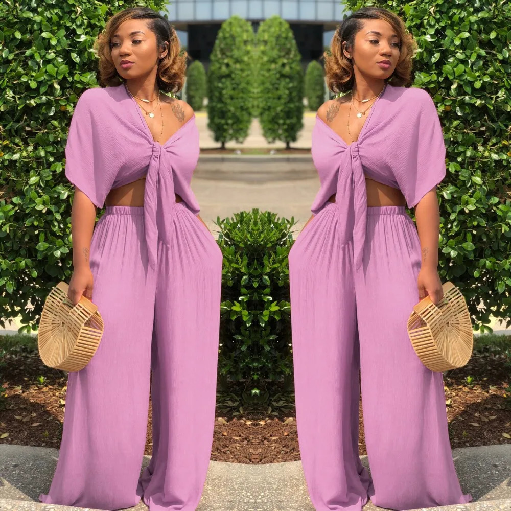 Women loose wide leg pants bandage lace up crop top 2 piece set for female women v-neck short sleeve two piece set womens suits 240813