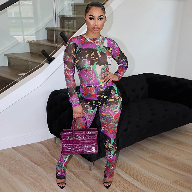BUILDINGB Print Mesh Two Piece Set Women Sexy O-Neck Long Sleeve Crop Tops And High Waist Pencil Pants Matching 2024 Y2K Streetw 240813