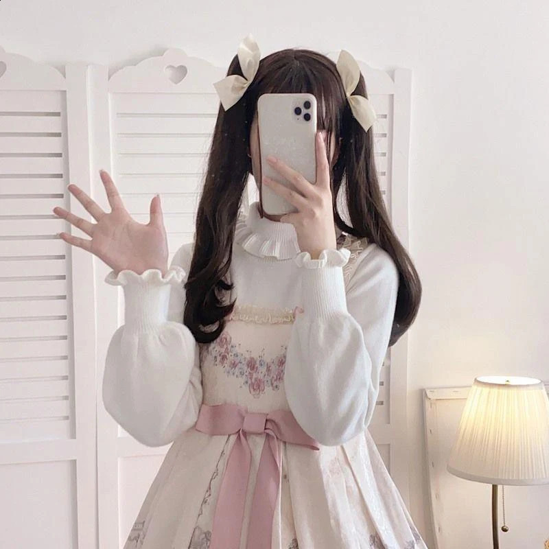 Lolita Sweater Top White Knitted Sweater Women Fashion White Round Neck Base Tops Pullover Kawaii Lovely Preppy Style Streetwear 240812