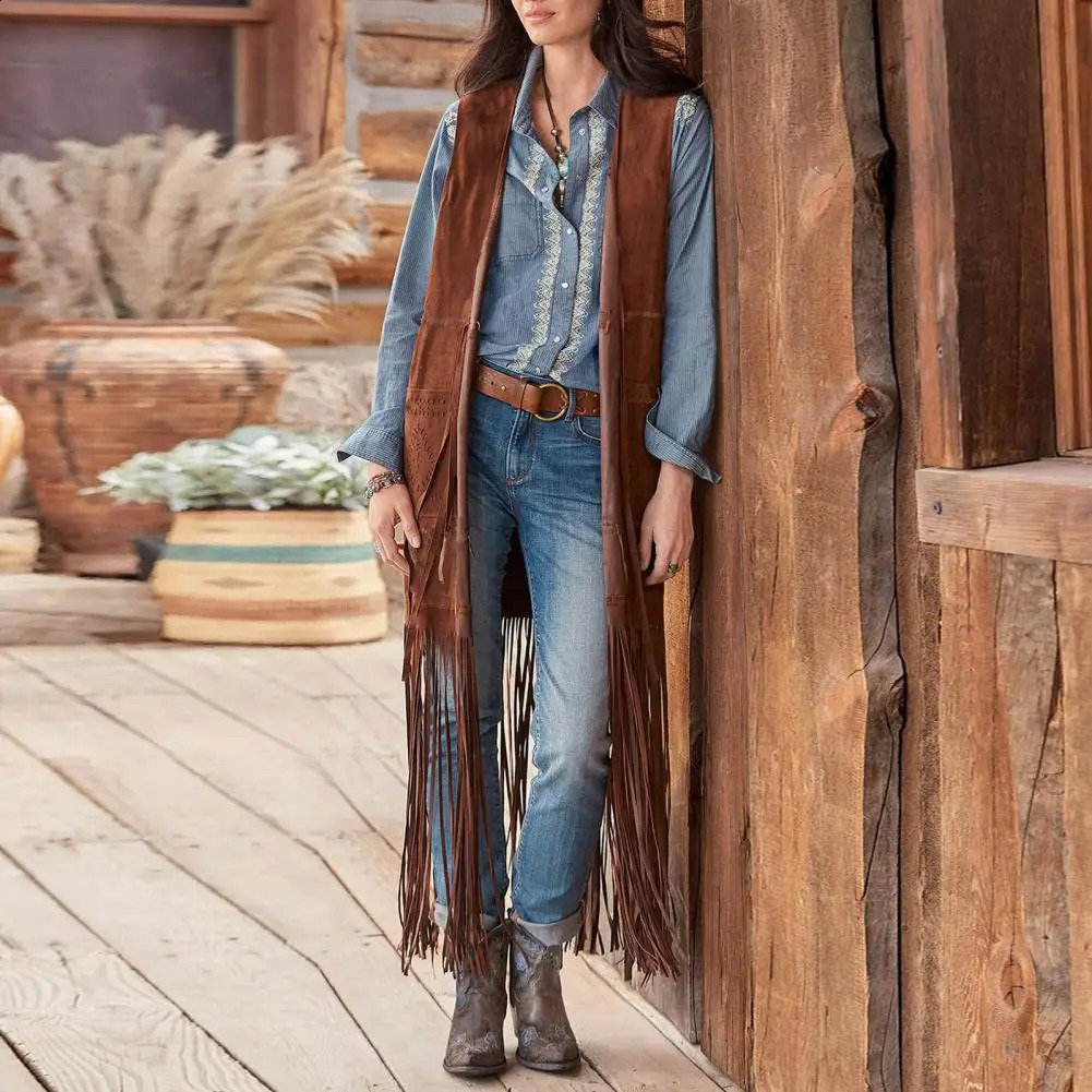 Women Vest Fringe Long Tassel Open Front Sleeveless Loose 70s Cardigan Solid Color Patch Pocket Cowboy Cosplay Waistcoat 240813