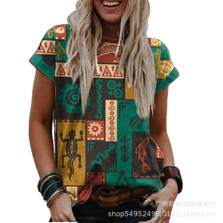 2024 New Geometric Printed Bat Short Sleeve T-shirt Blouse Top