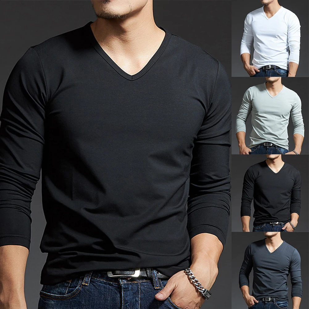 Men's T-Shirts Men's Tees & Polos Casual Mens Long Sleeves V Neck Slim T-Shirt Solid Color Activewear Tops Tee Undershirt Free shipping Men&