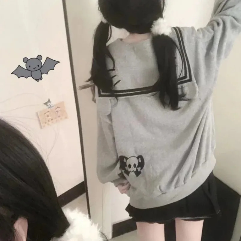 Harajuku Kawaii Zip Up Hoodie Women Sailor Collar Japanese Style Cute Sweatshirts Oversize Lolita Girly Anime Print Jacket 240812