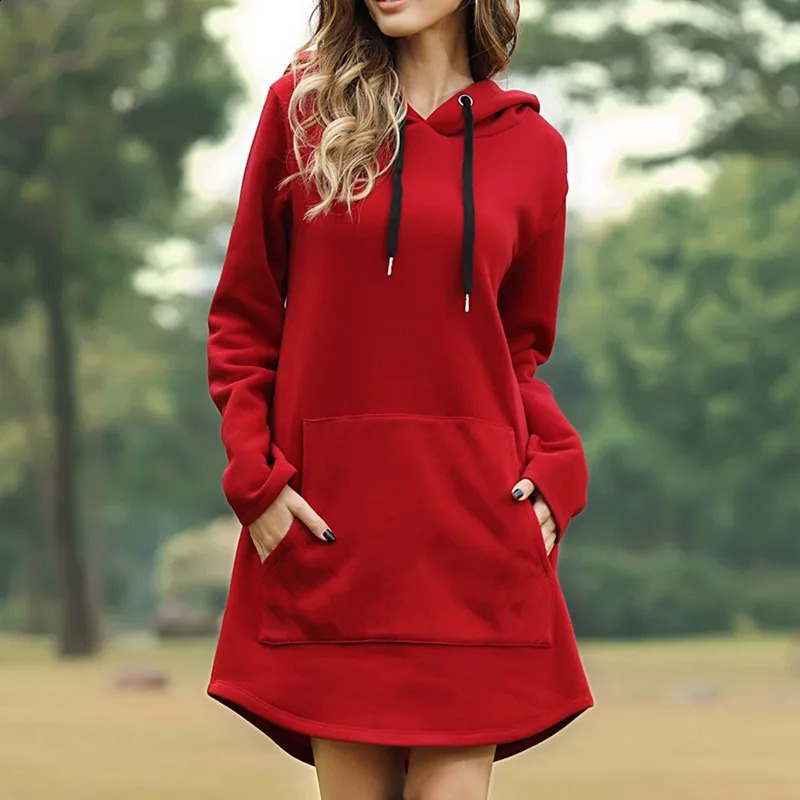 Women Fashion Hoodies Dress Spring Solid Big Pocket Sweatshirt Korean Pop Hoody Casual Long Tops Oversized Pullover 240813