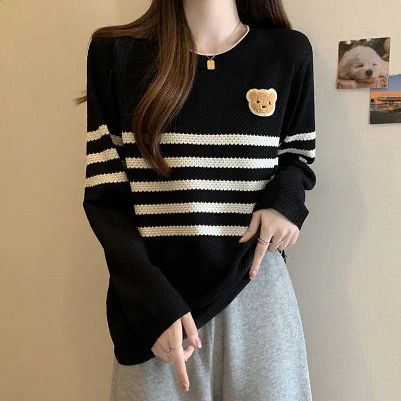 Preppy Style Autumn Womens Sweaters O-Neck Striped Cartoon Screw Thread Fashion Casual Loose Long Sleeve Pullovers Knitted Tops 240812