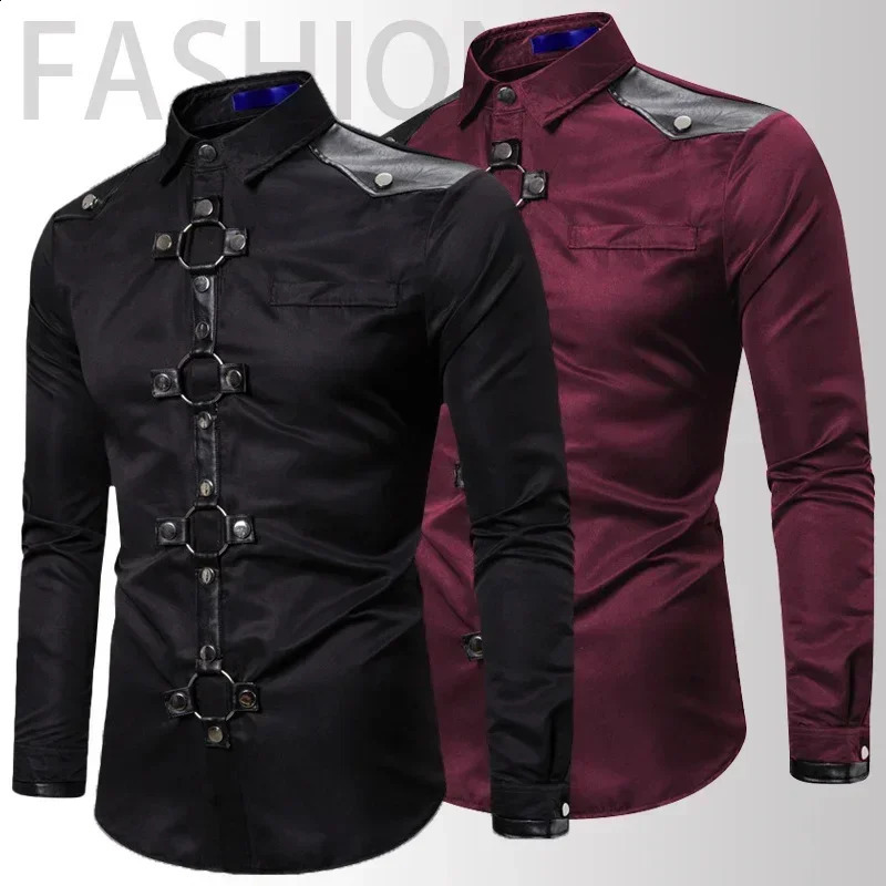 High quality mens Gothic style rivet solid color product shirt ultrathin fit clothing party stage 240812