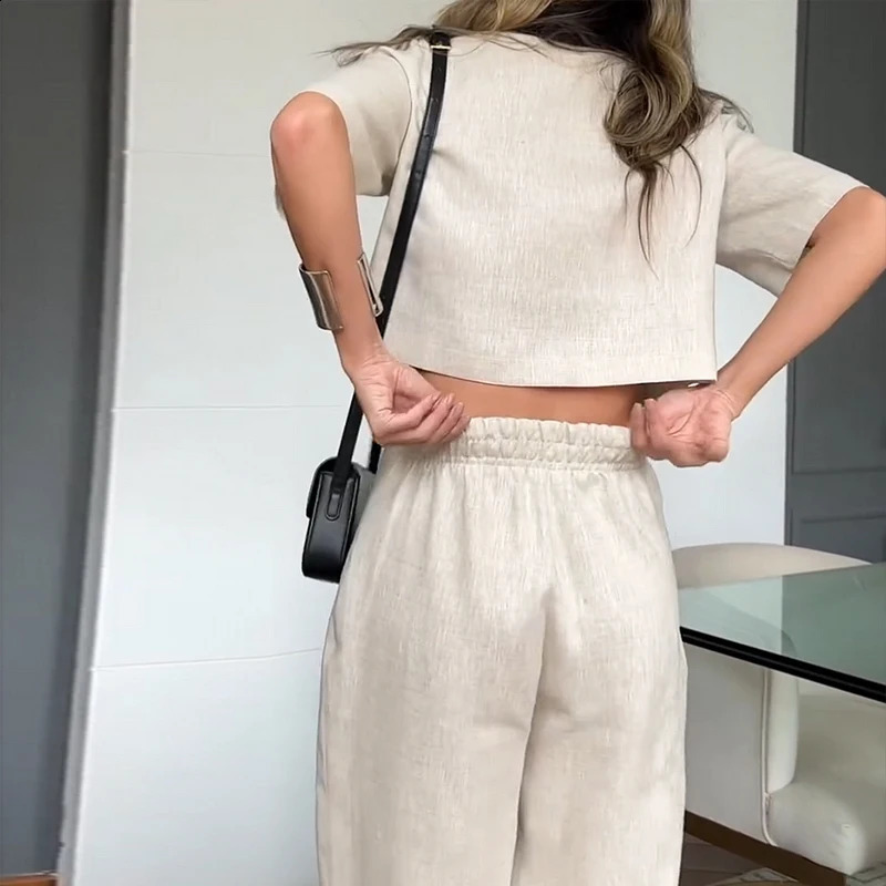 Wefads Two Piece Set Women Summer Fashion Casual Contrast Short Sleeve Lapel Office Button Top Loose Wide Legs Pants Sets 240813