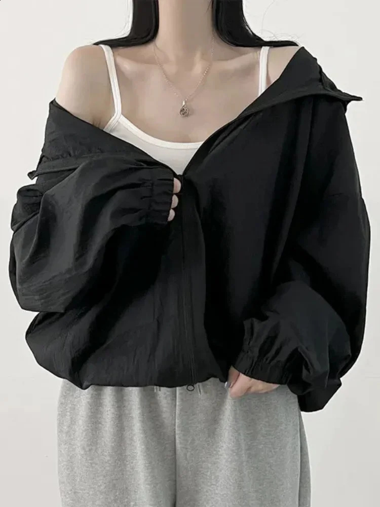 in Zip Up Hoodie Autumn Loose Casual Short Cardigan Korean Chic Solid Sweatshirts Zippers Long Sleeve Sunscreen Hoodies 240812