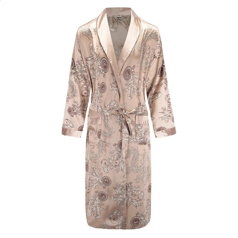 Long Sleeve Robe Satin Sleepwear Print Dragon Phoenix Kimono Bathrobe Gown Mens Casual Home Clothes Loose Pajamas L-XXL 240812