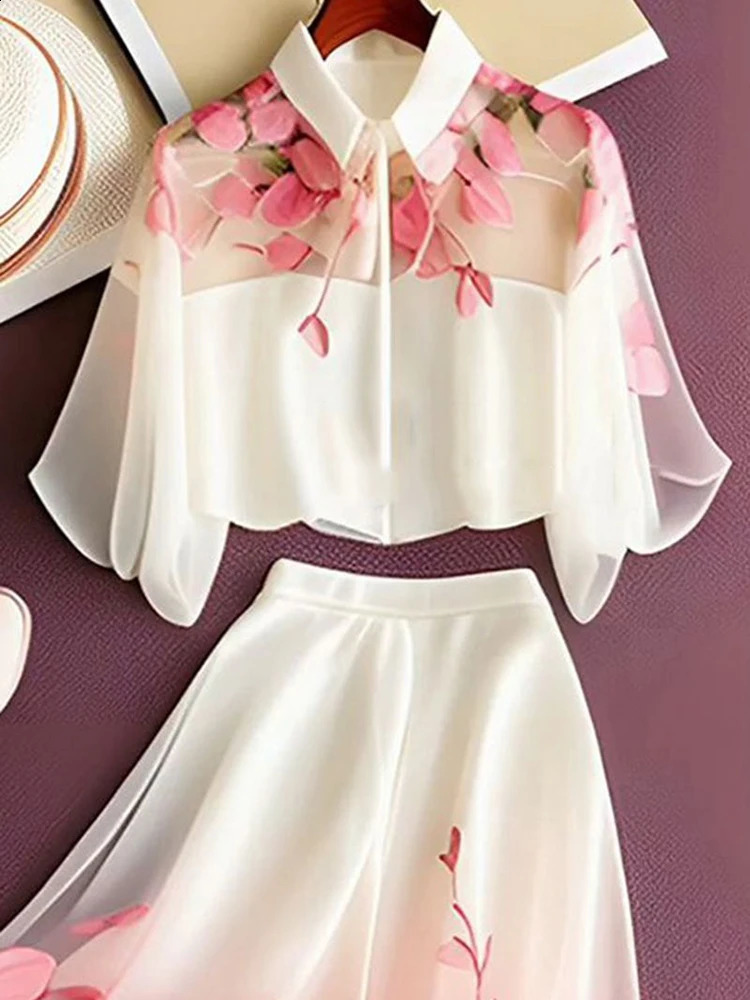 Warm shirt Faldas floral leather twopiece set womens coat short sleeved printed Ropa unprinted chiffon top 240809