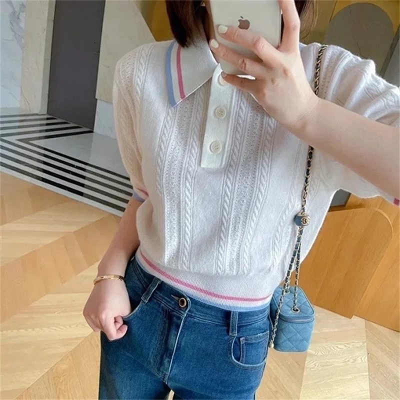 Preppy Style Women Hollow Out Sweater Stripes Turn-Down Collar Female Short Sleeve Jumper Summer 240812