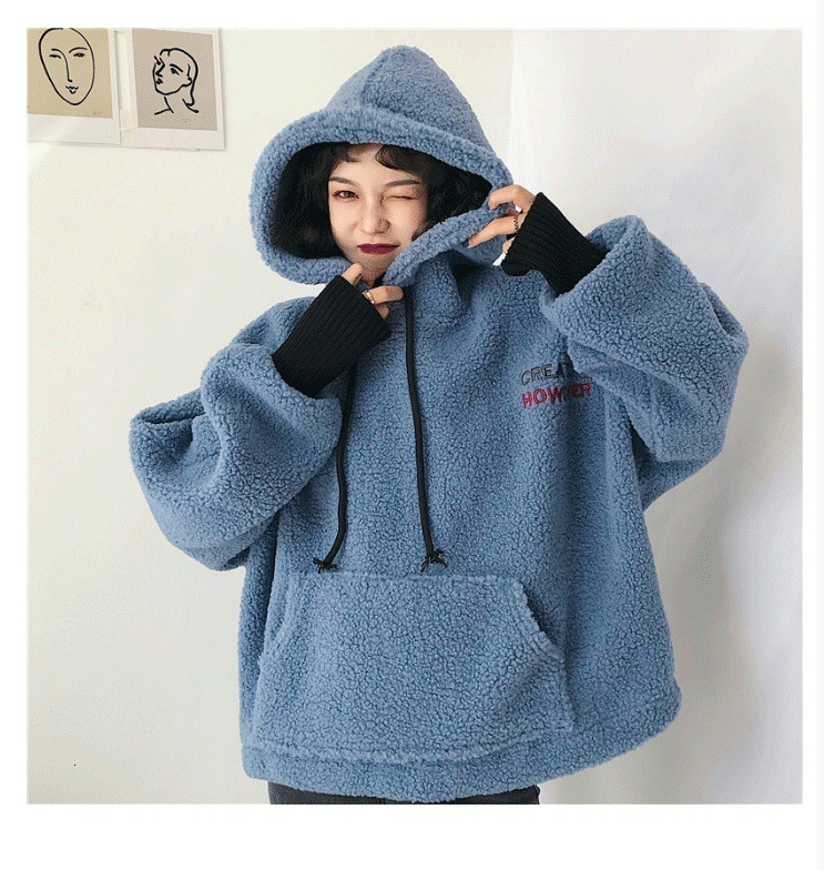 Winter cec with plush and thickened lamb pullover loose hooded fake two piece wool high neck sweatshirt jacket women s fashion 077a0