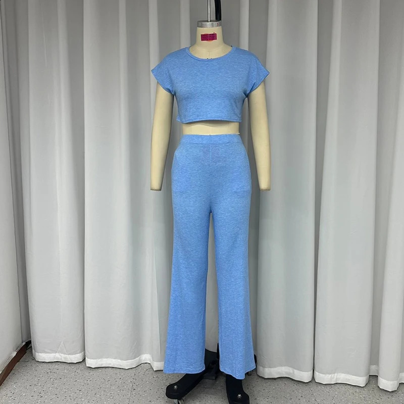 Wefads Women Two Piece Set Summer Fashion Round Neck Solid Short Sleeve Bare Waist Top Loose Pants With Pocket High Streetwear 240813