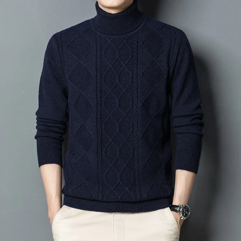 Mens turtle neck thick warm classic retro bottom pull flower knitted sweater mens skydiving Christmas 240812
