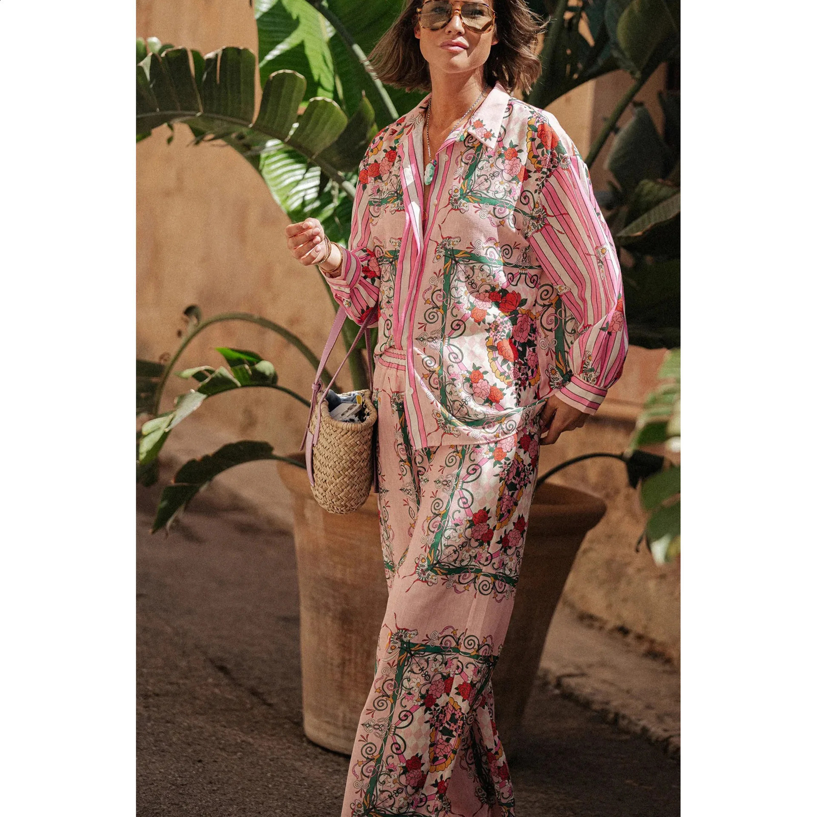 trend casual print womens long sleeved shirt set top and loose pants chic 2piece fashion 240809
