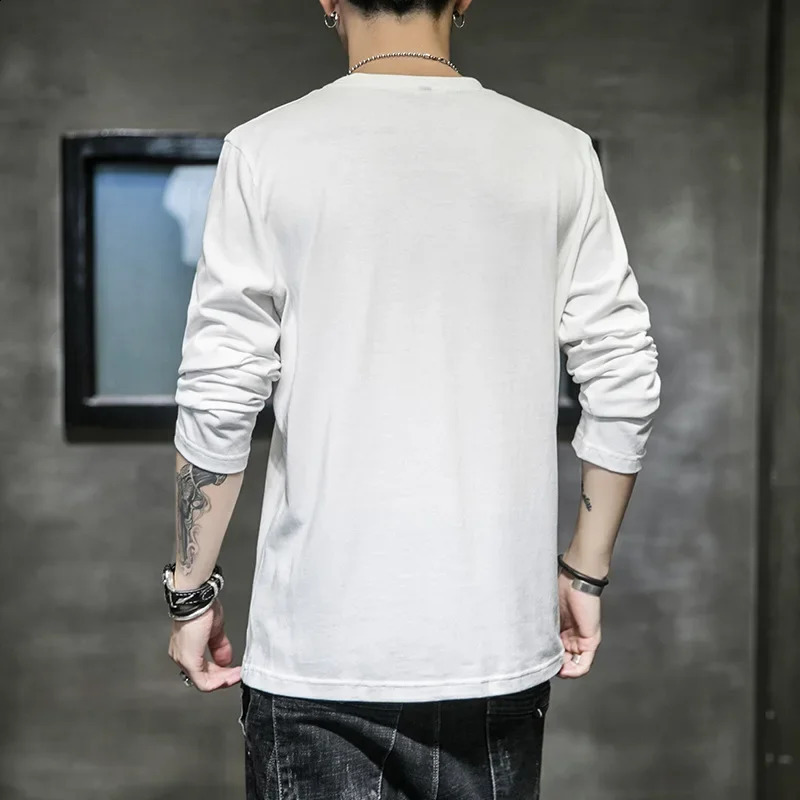 Autumn Mens Long Sleeve T-shirt Style Loose Fit Trendy Sweatshirt Hong Kong Style Casual Clothing For Men 240812