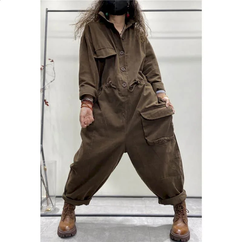 Oversize Jumpsuits Women Long Sleeve One Piece Outfit Women Cotton Linen Playsuit High Waist Pants Overalls for Women Clothes 240813