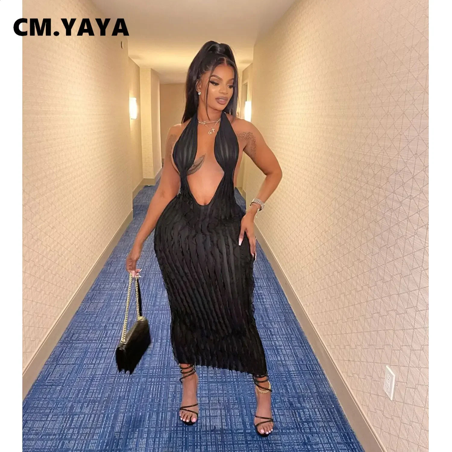 Women Halter Deep V-neck Backless Sleeveless Wave Bodycon Midi Maxi Dress 2024 Summer Street Sexy Party Vestidos Dresses 240812