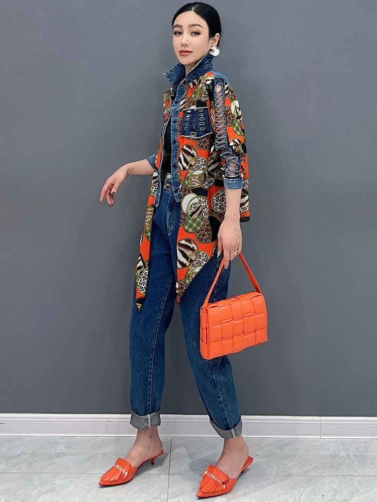 SHENGPALAE Denim Patchwork Chiffon Shirt With Tie Up 2024 Spring Summer Fashion Casual Loose Elegant Womens Clothes Top 5R9738 240812