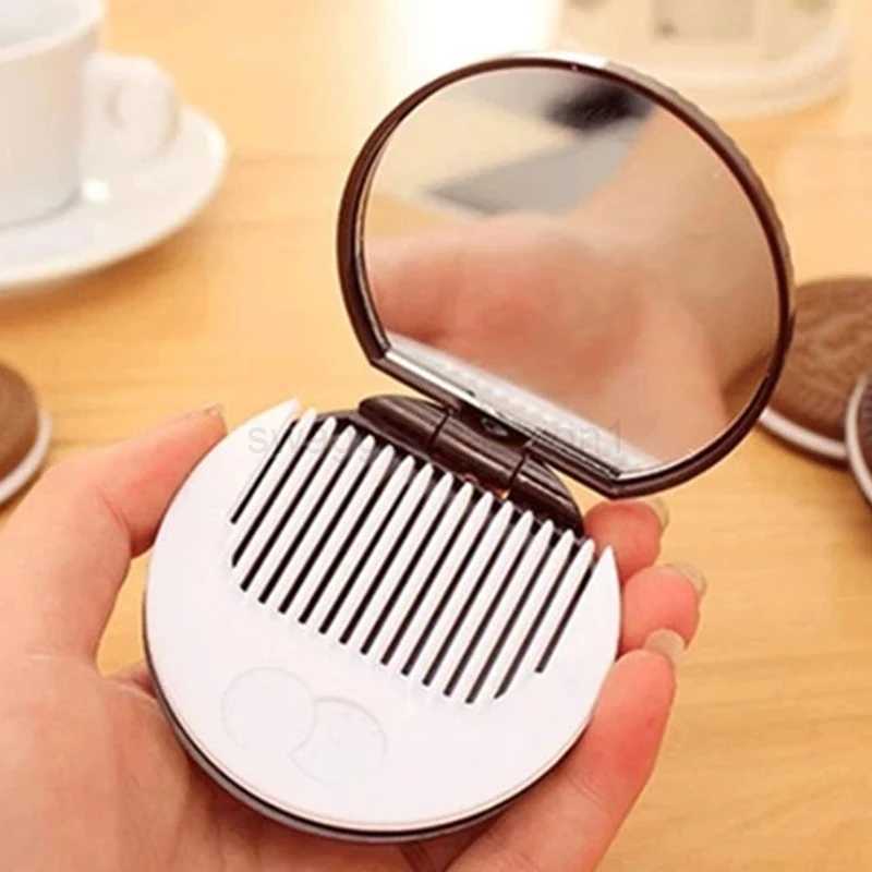 Portable Mini Pocket Mirror With Comb Brown Cute Chocolate Cookie Shaped Design Mirror Makeup Chocolate Folding Comb Makeup GiftXJ240813