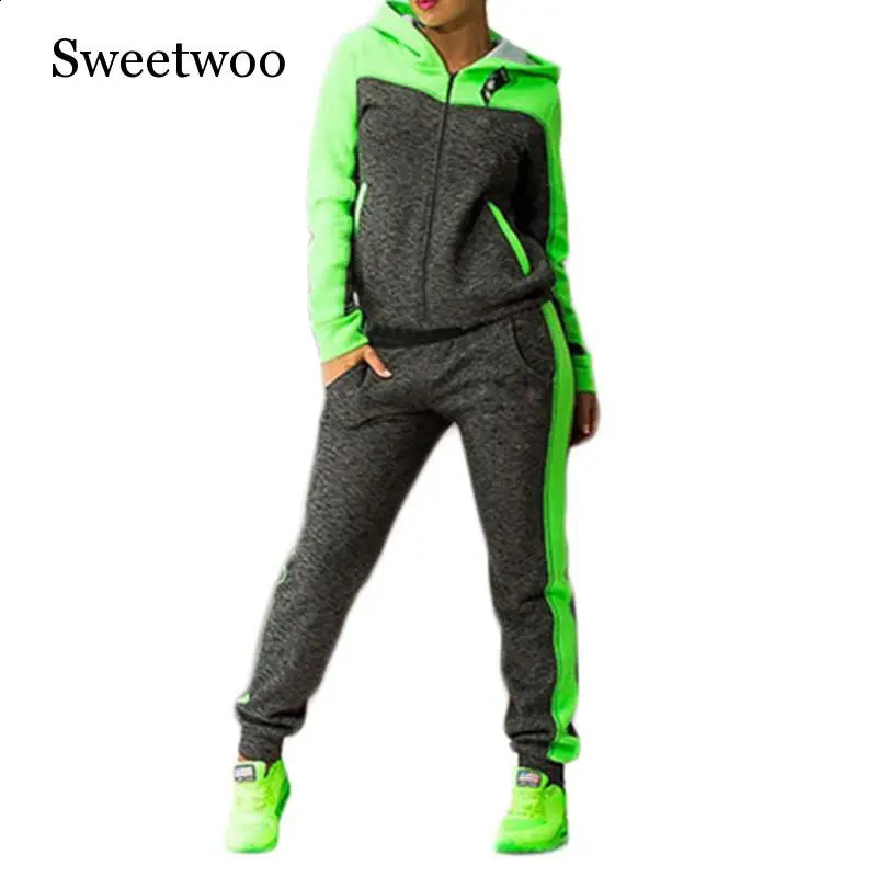 Autumn 2 Piece Set Women Tracksuit Sportswear Casual Sweat Pants Hooded Cropped Sweatshirt Hoodie 240809
