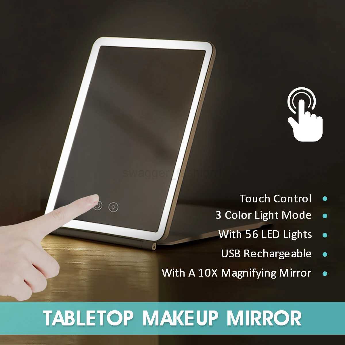 Portable Foldable Travel Makeup 10x 3 Colors LED Light Cosmetic Mirror Touch Screen Stepless Dimming USB Travel Dressing GlassXJ240813
