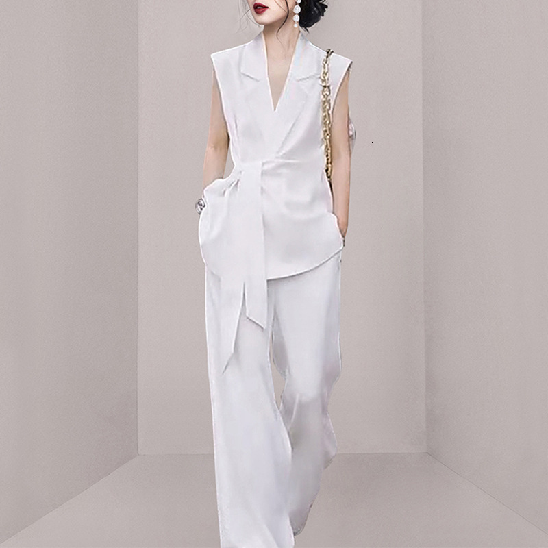 White Professional Suit Two-piece Set for Summer Light and Mature Style Elegant and Elegant Slim Fit Sleeveless Suit for Women 1462