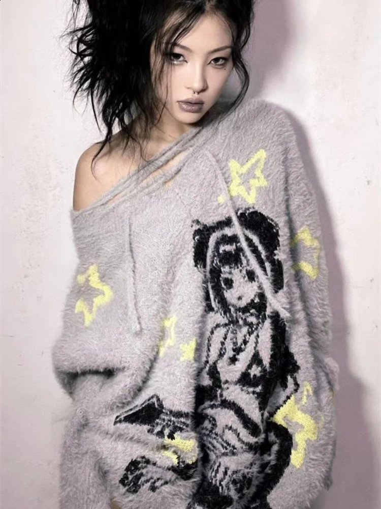 HOUZHOU Harajuku Gothic Y2k Sweater Women Sexy Bandage Oversized Pullovers Knitted Streetwear E Girl V-neck Autumn Winter Tops 240812